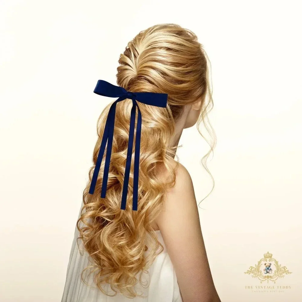 NWT Pretty Girls Long Hair Bows Satin Ribbon Clip on Kids Hair Accessory Navy